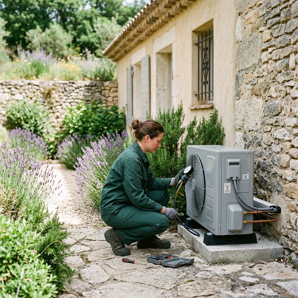 Image générée : une technicienne contrôle une pompe à chaleur extérieure dans un jardin de lavande.