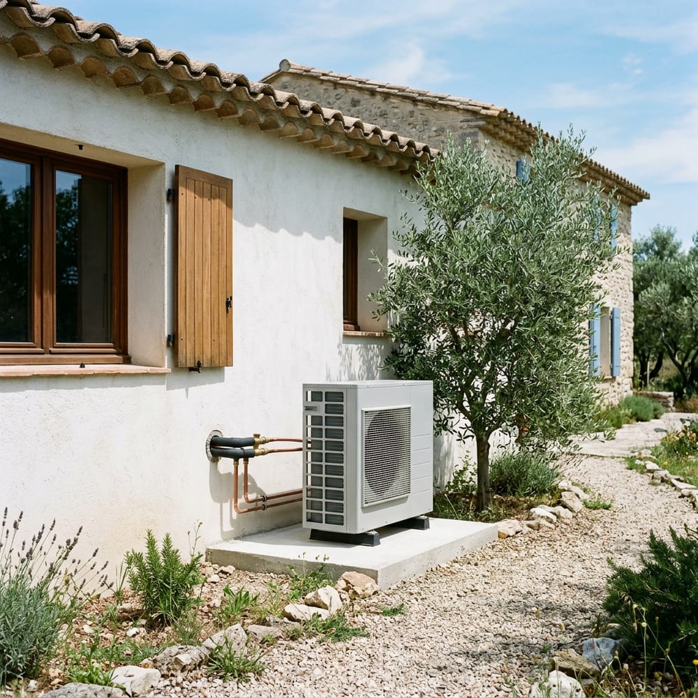 Image générée : une pompe à chaleur extérieure posée contre le mur blanc d’une maison de l’Hérault, près d’un olivier.