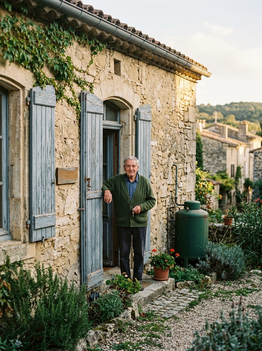 Image générée : un homme âgé en gilet vert sur le seuil d’une vieille maison en pierre aux volets bleus, une cuve verte à côté de lui.