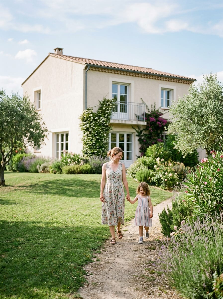 Image générée : une mère et sa fille marchent main dans la main dans le jardin d’une maison claire à toit de tuiles.